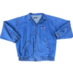 Vintage 90s Harrahs Las Vegas Hotel Casino Blue Denim Jean Snap Bomber Jacket